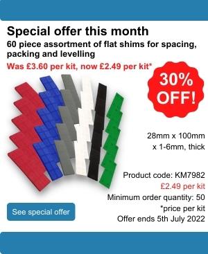 60 Piece assortment of flat shims for spacing, packing and levelling. Normally £3.60 per kit, now £2.49 per kit