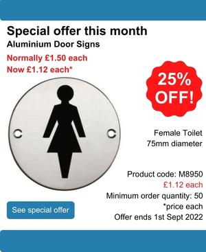 Female Toilet Aluminium Door Sign. Normally £1.50 each, now £1.12 each (25% off)