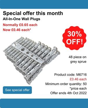 All-in-one wall plugs, 48 pieces on grey sprue. Normally £0.65 each, now £0.46 each (30% off)