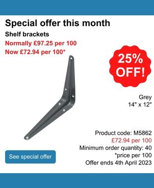 25% off 14 x 12 inch grey metal shelf brackets, was 97.25 for 100, now 72.94 for 100