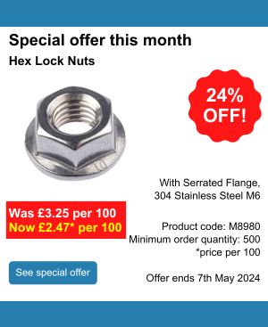 Hex Lock Nuts with Serrated Flange, 304 Stainless Steel M6, Was 3.25 per 100, now 2.47 (24% off)